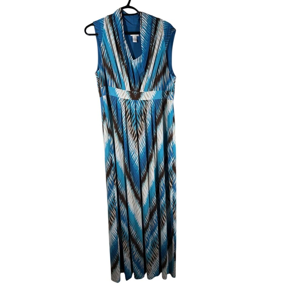 Chico's Womens Blue Brown Maxi Dress Sz 2/L/12 Babydoll Flowy Vacation Cruise